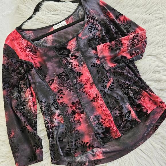 Cato Floral Red Black Burnout Top Sz Large Sheer Gothic Romantic Stretch Blouse - Picture 8 of 14